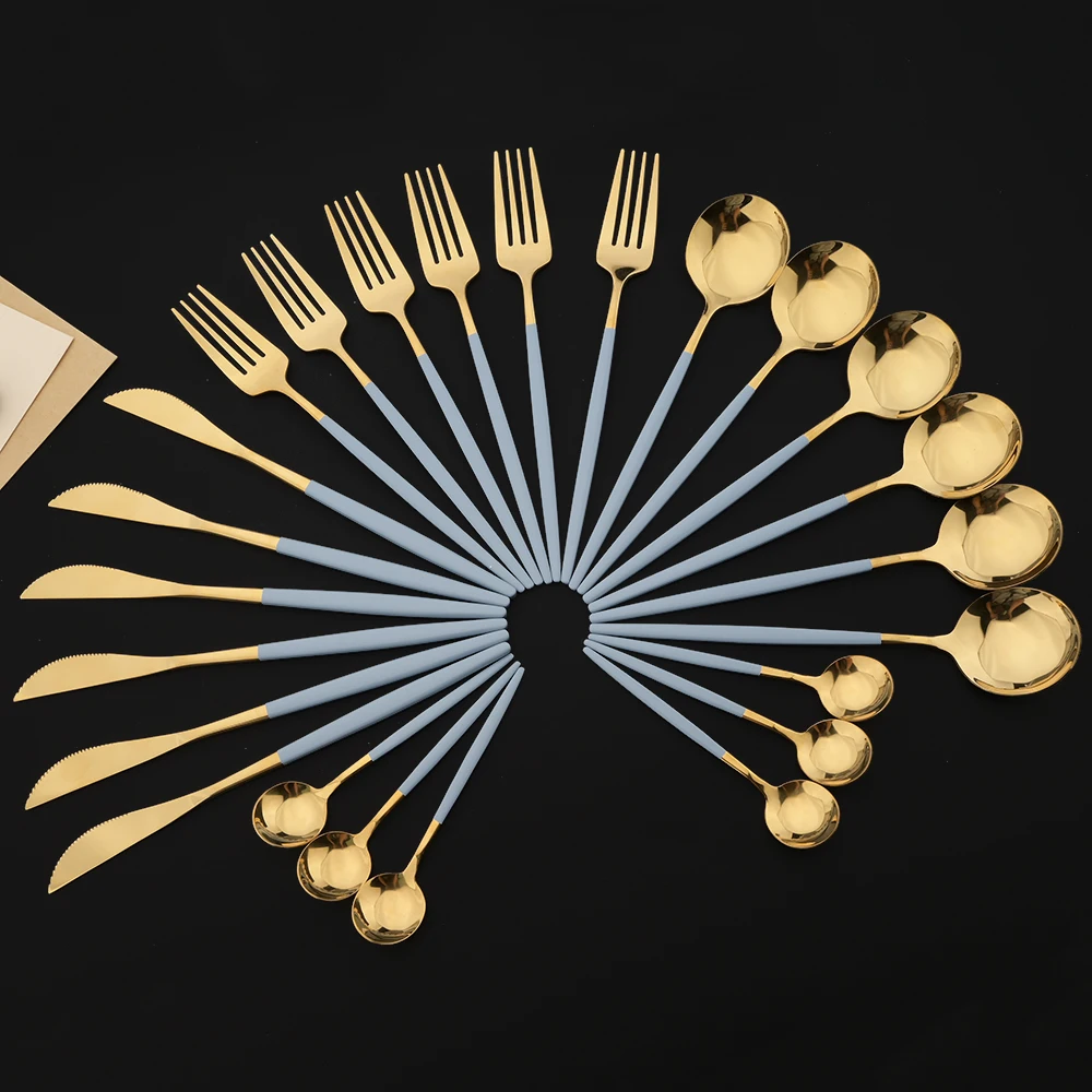 24Pcs Haze Blue Handle Dinnerware Cutlery Set Stainless Steel Gold Knife Fork Spoon Flatware Set Festival Kitchen Tableware Gift