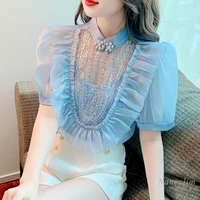 summer machine embroidery beaded hollow out chiffon shirt womens design fashion chic satin short sleeve top blusas femme 2022