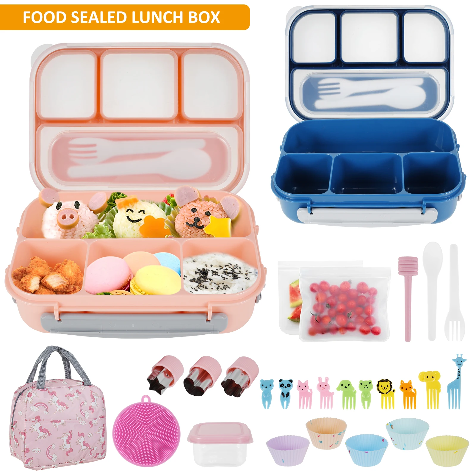 

27Pcs Bento Box Lunch Box Kit Reusable Bento Lunch Box Set 1300ml Lunch Food Container with Compartments Leak-proof Bento