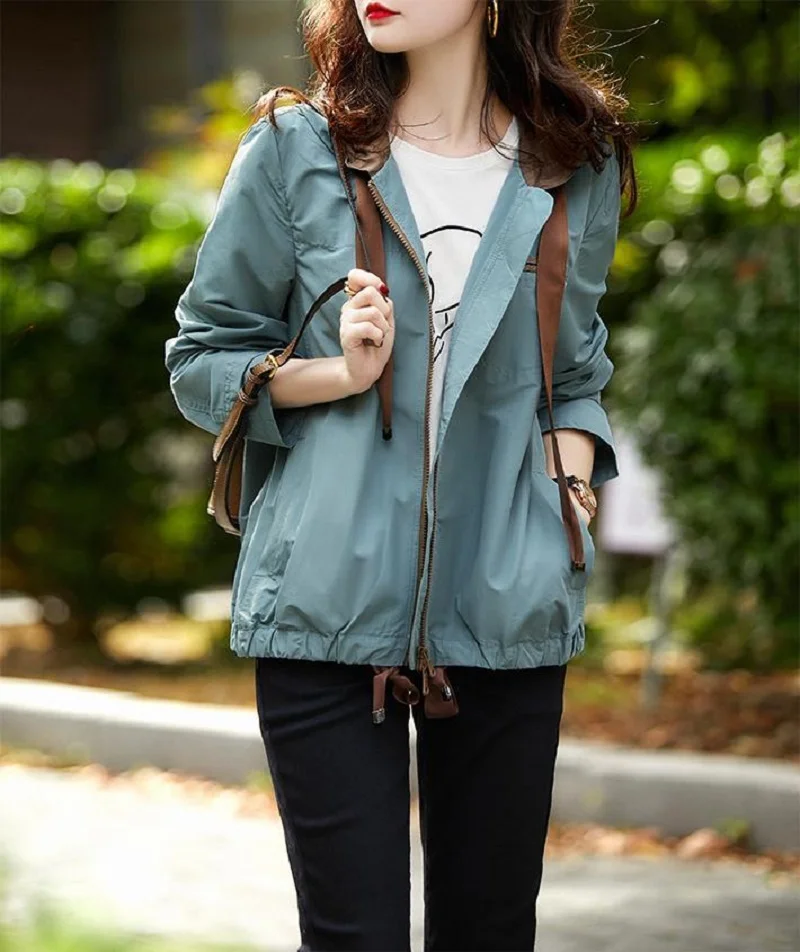 

Trench Coat Women Spring Autumn 2023 New Large Size Hooded Windbreaker Jacket Fashion Casual Loose Versatile Outerwear Womens