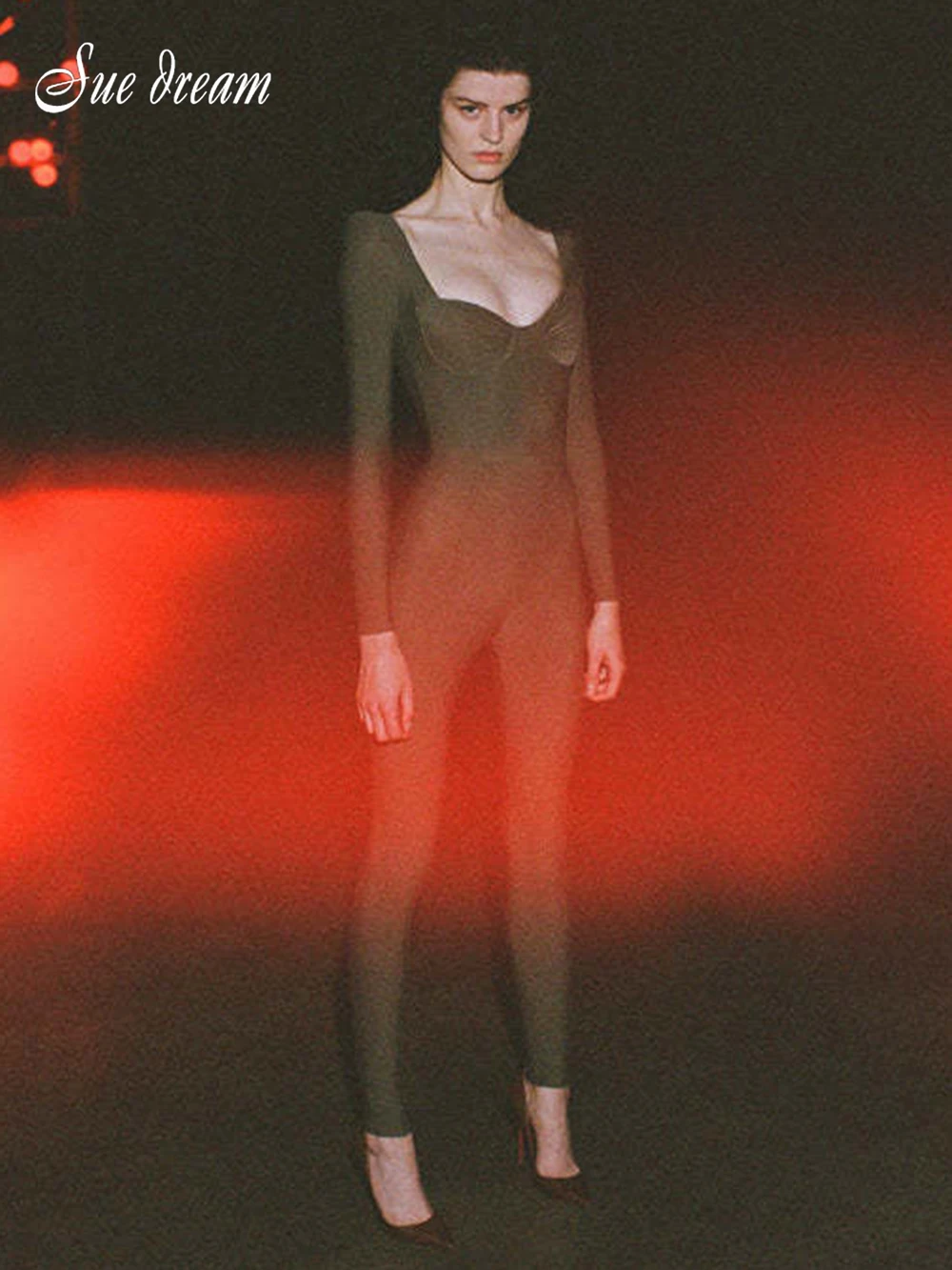 2022 New Autumn Women's Sexy V-Neck Long Sleeve Bodycon Bandage Bodysuit Elegant Celebrity Runway Party Night Club Wear