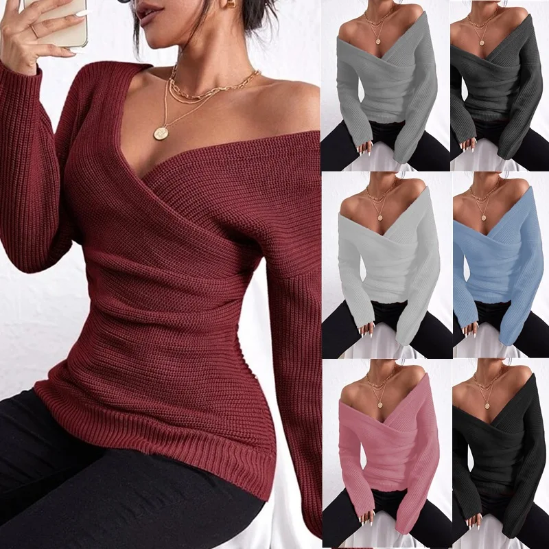 

Women Autumn Winter Knitted Pullovers and Sweaters Cross V-neck Long Sleeve Off the Shoulder Sweater Jumper Tops