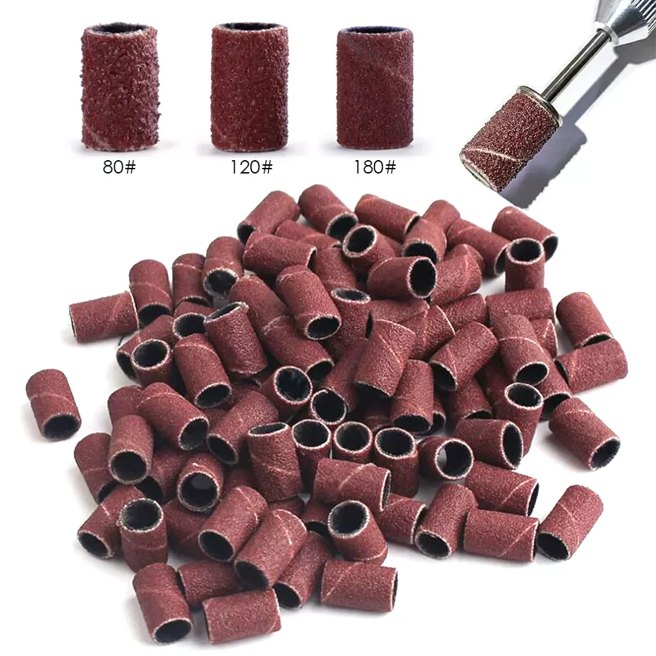 

100/50pc Sanding Cap Bands For Electric Manicure Machine 180/120/80 Grit Nail Drill Grinding Bit Files Pedicure Tool Set BEND261