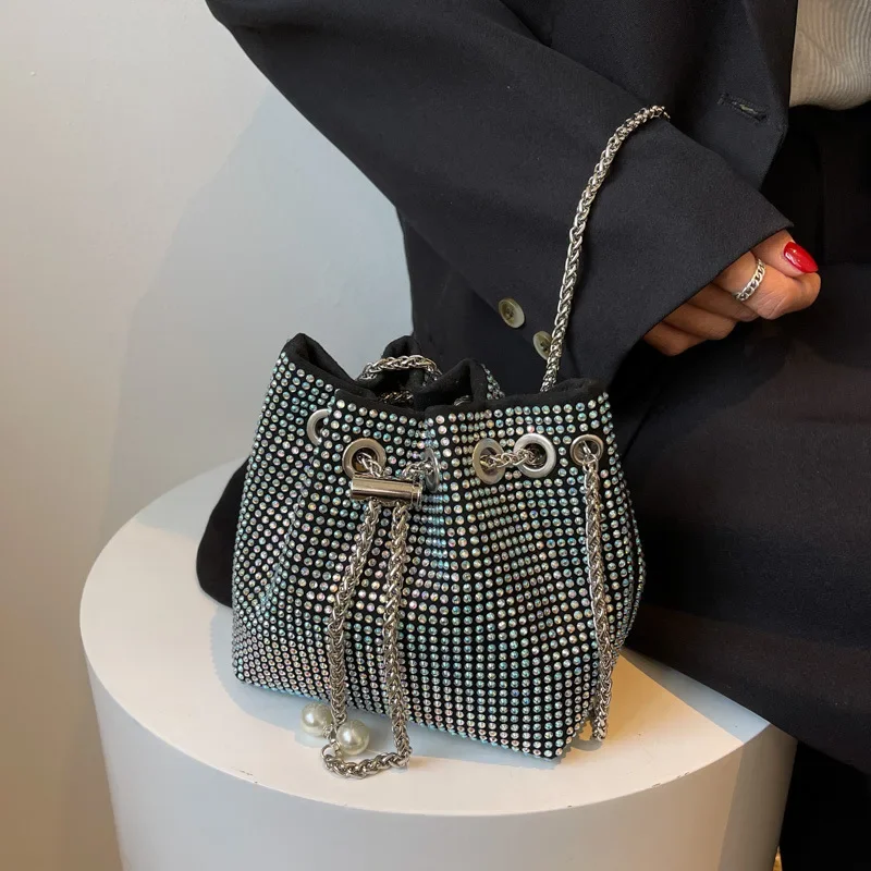 

Full Drill Bucket Bag Female 2023 New Fashion Chain One Shoulder Cross-body Body Rhine-drill Pumping Belt Large Capacity Bag