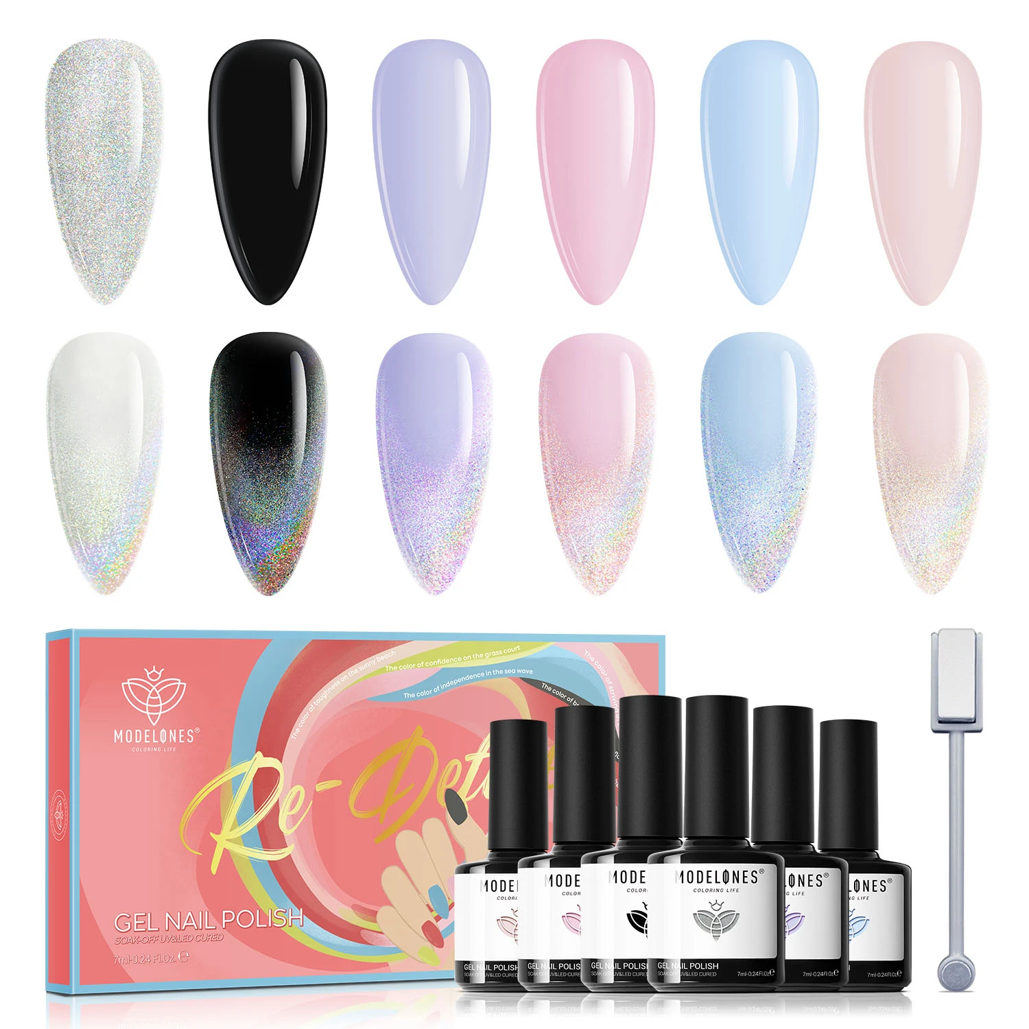 Modelones 6pcs/box Holographic 9D Cat Eye Gel Nail Polish Set Summer Colors Semi Permanent Soak Off UV LED Manicure Kit Nail Art - Для красоты и здоровья (косметика, маникюр, гаджеты)