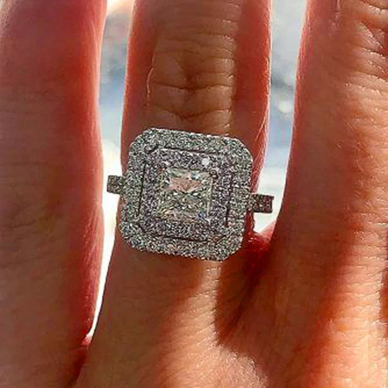 

2023 New European and American Wedding Diamond Ring Princess Cut Diamond Ring Female Micro-set Zircon Copper Ring Wholesale