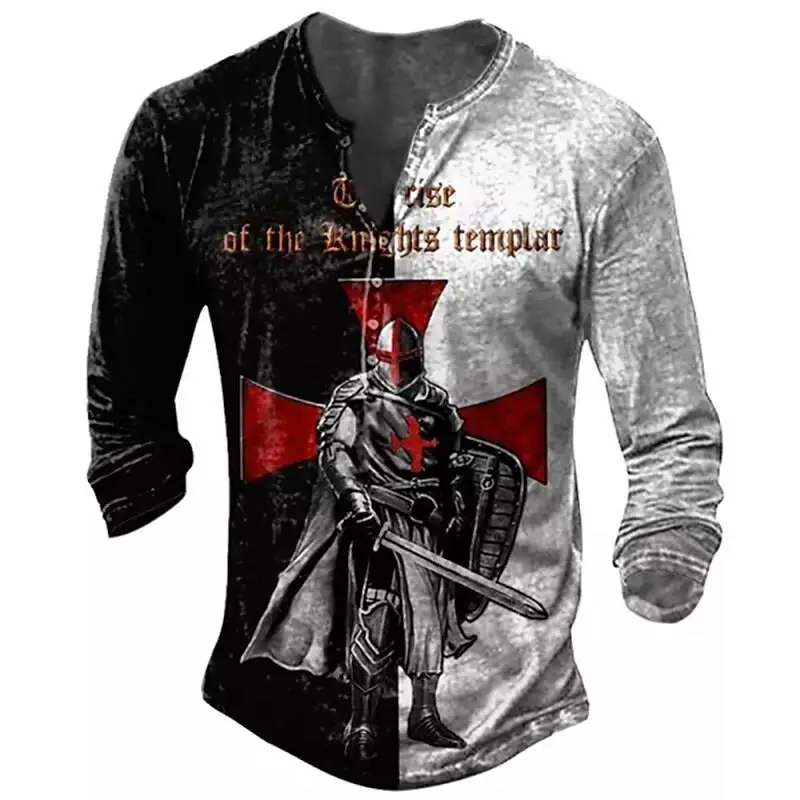 

Vintage Cotton Men's T-shirts 3D Printed Knight Gothic Long Sleeve Casual Henley Shirt Oversized Top Tee Shirt Man Punk Pullover