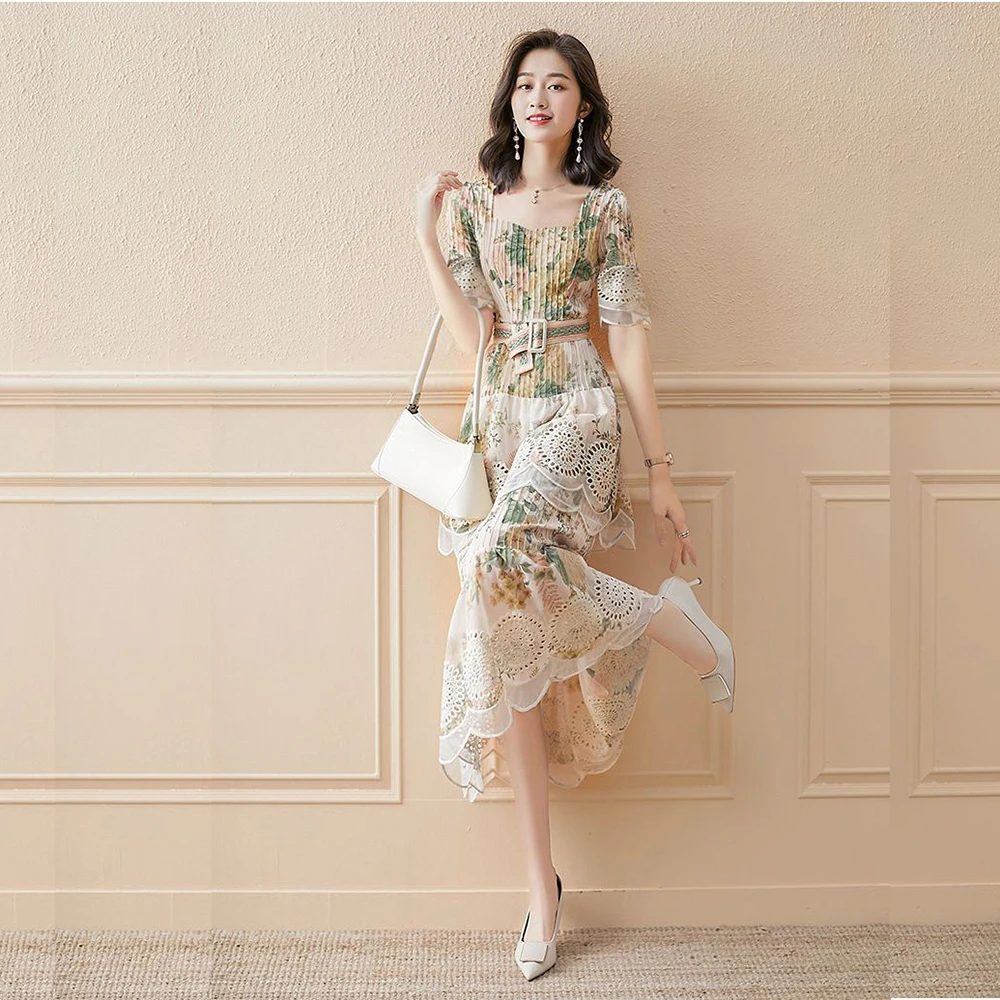 

Summer Dress Women French Style Vintage Refined Dress Lace Patchwork Short Sleeve Casual Elegant Floral Print Dress