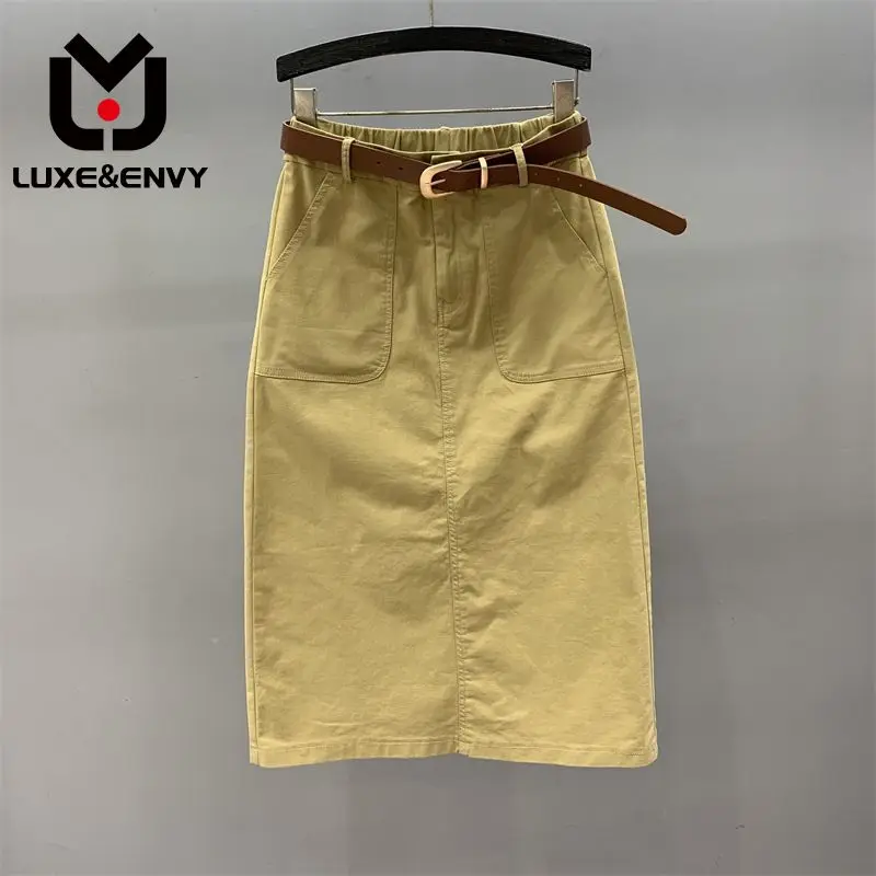 

LUXE&ENVY Khaki Casual Denim Skirt For Women 2023 Summer High Waist Slim Medium Length Slit A-line Wrap Hip Skirt