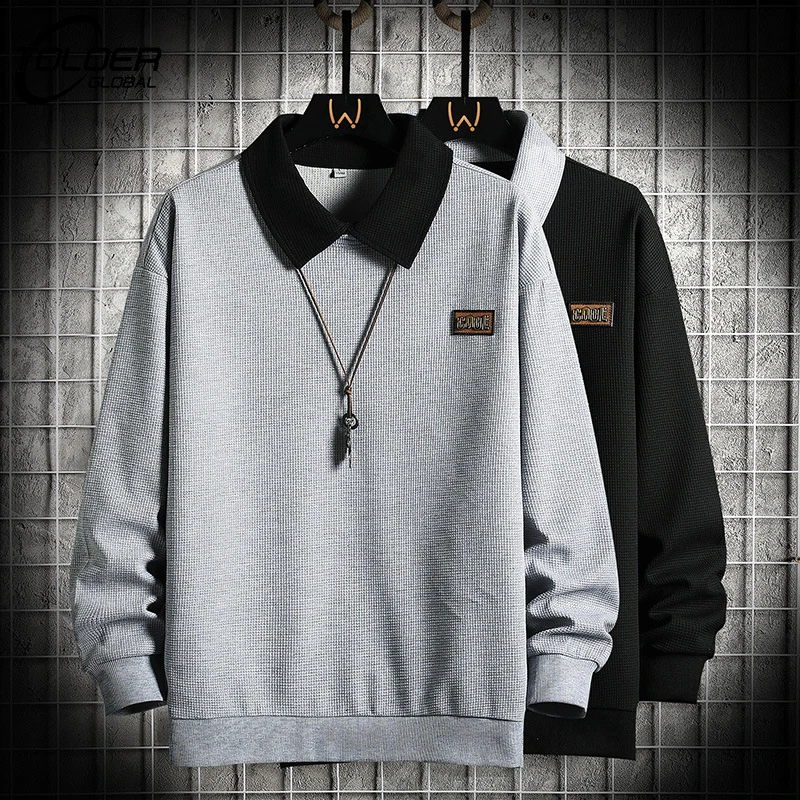 

Harajuku Sweatshirts Men's 2022 Autumn Shirt Collars Fake Two Piece Oversized Pullovers Male Patchwork Casual Black Hoodies Tops
