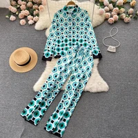 casual womens geometric shirt two piece set green loose high waist wide leg pants suit 2022 elegant office ladies female outfits