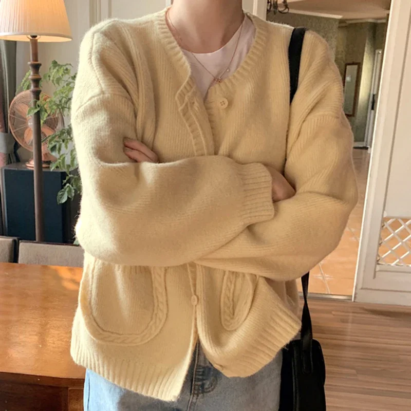 Корейские модные однобортные свободные повседневные вязаные кардиганы с