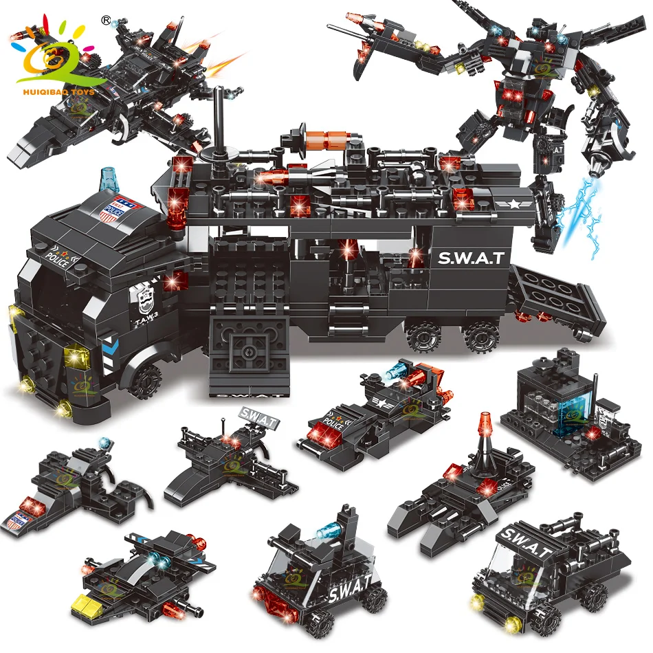 HUIQIBAO 445 шт. 8IN 1 Городской спецназ полицейский автомобиль строительные блоки автомобиль команда самолет DIY фигурки роботов Игрушки для детей