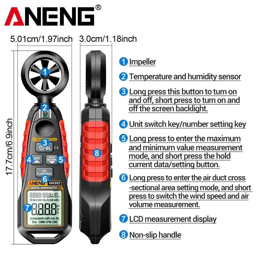 Фото Ручной анемометр ANENG GN302, 9999 отсчетов, цифровой 0,4 ~ 30,00 М/с, измеритель скорости ветра,-C ~ C, тестер температуры №5