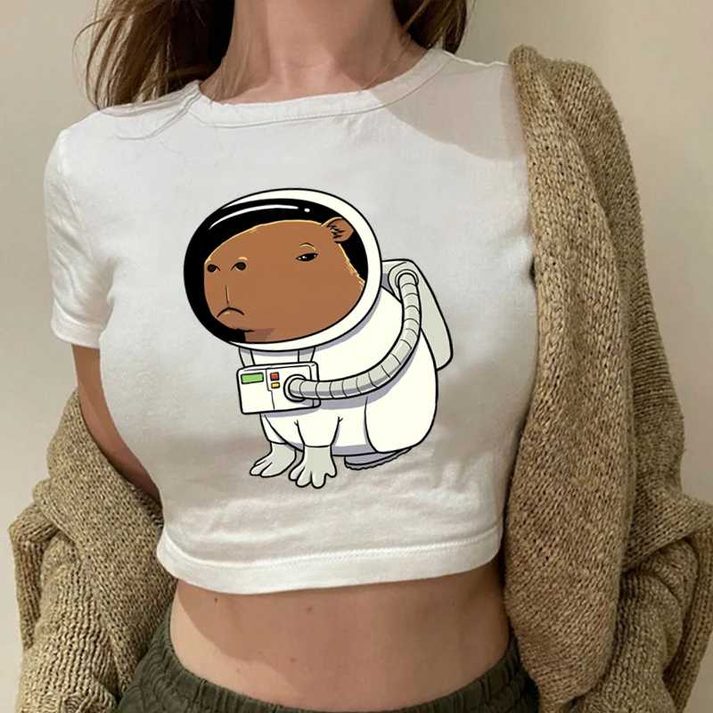 

Capybara Beach Ball Cartoon Print Baby Tee Cute Capybara Astronaut Graphic Women's Crop Tops Fashion O-Neck Female Short Tshirt