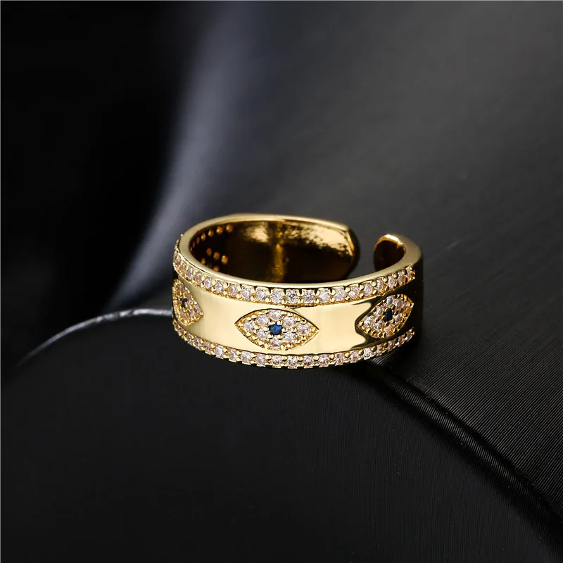 

Fashion Gold Color Copper Wedding Jewelry AAA CZ Evil Eye Design Open Ring For Women Girl Engagement Gift Adjustable