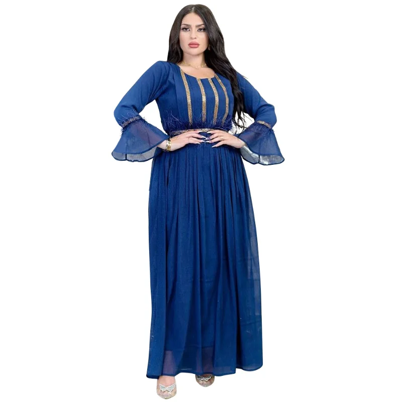 Abaya Dress Summer Elegant Muslim Women Long Sleeve O-neck Blue Pink Green Polyester Long Abaya Muslim Fashion Dresses