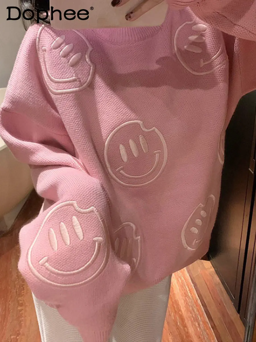 

Round Neck Sweet Pink Sweatshirt Women Spring Autumn Western Style Cute Cartoon Embroidery Loose Mid-Length Hoodies Jacket Top