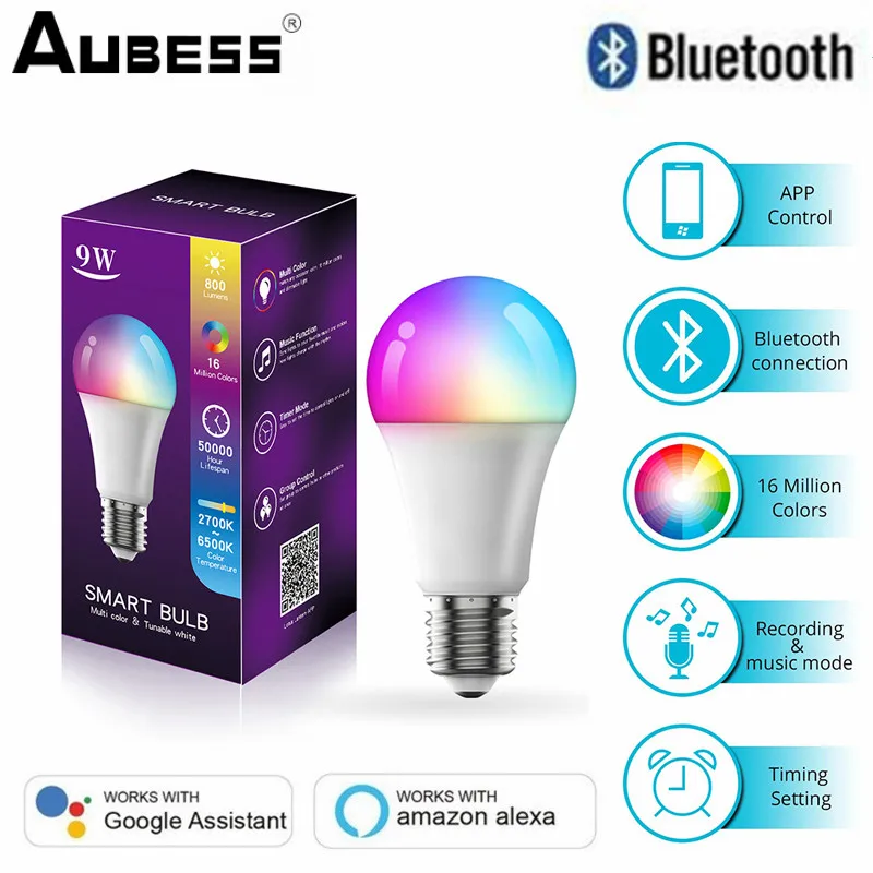 

Smart Blue-tooth E27 B22 RGB LED Bulb Lights 9W RGB+CCT Lampada Changeable Colorful RGBCW LED Lamp Work With Alexa,Google Home