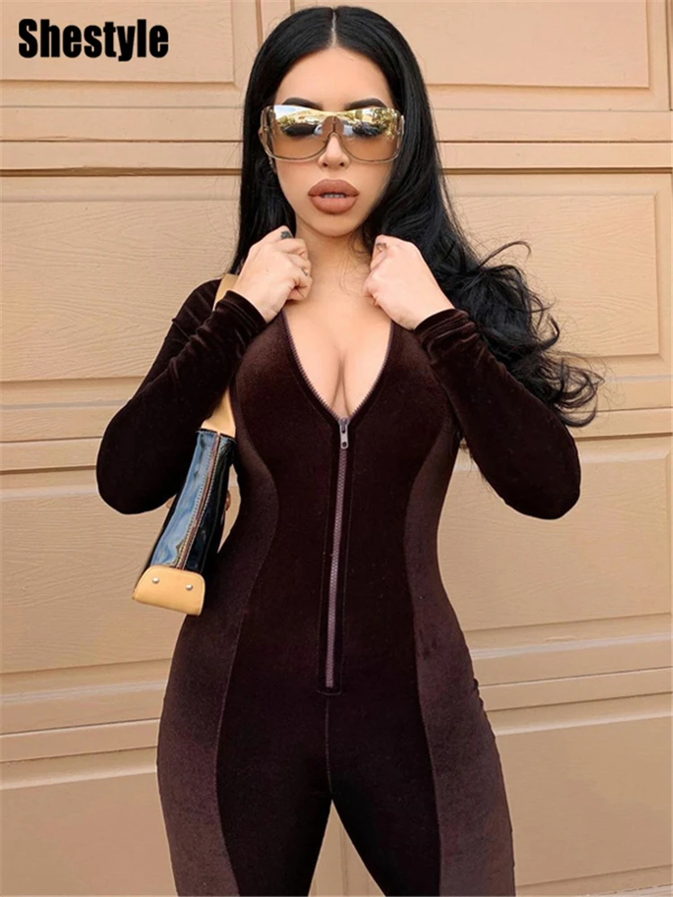 Женский бархатный комбинезон Shestyle облегающий Облегающий на молнии с ложным