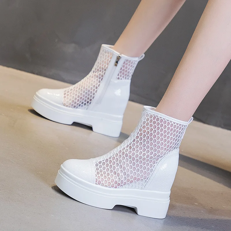2023 Women High Heel Boots Mesh Hollow Out Transparent Boots Platform Shoes Black Boots Outdoor Women Summer High Top Shoes