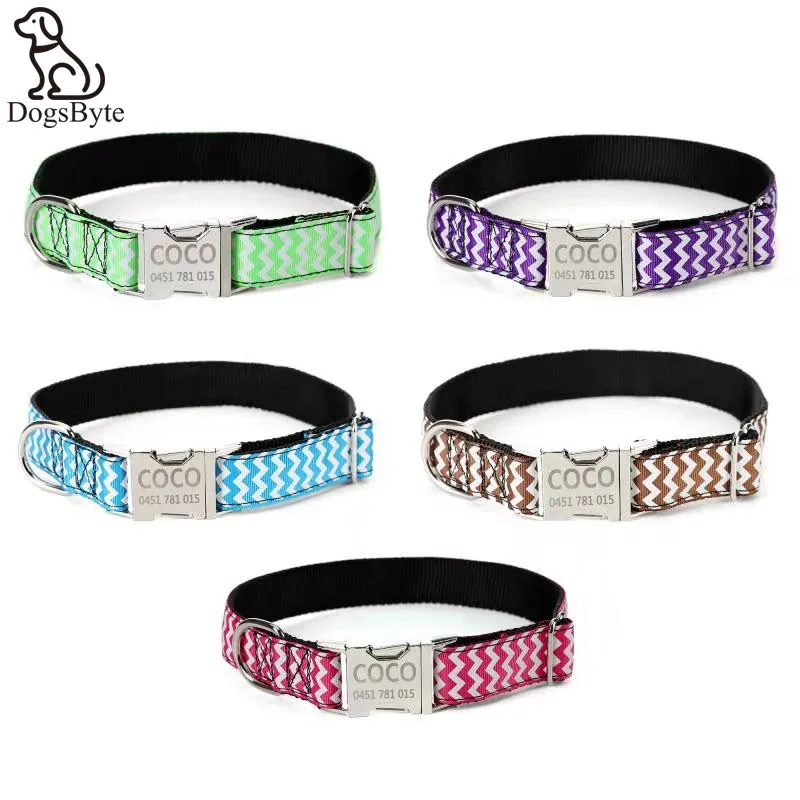 

Personalised Adjustable Zigzag Dog Collars Metal Buckle Engraved Names Numbers