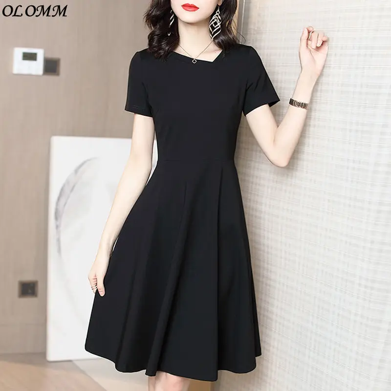 

Маленькое Черное женское летнее платье для вечеринки, новинка 2022, однотонное облегающее широкое универсальное модное корейское платье с коротким рукавом, скрывающее живот