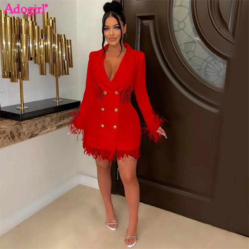 

Платье-Блейзер женское Сетчатое составного кроя с перьями и V-образным вырезом