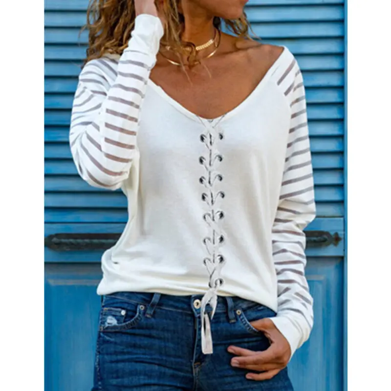 

Женская блузка с длинным рукавом, V-образным вырезом и шнуровкой