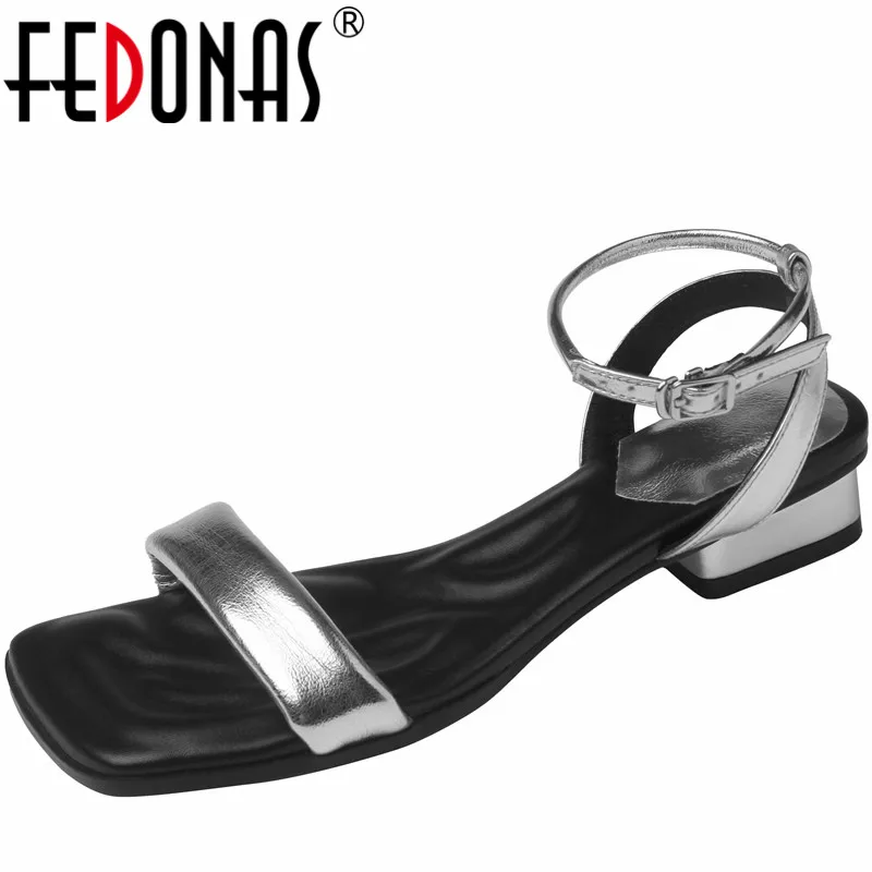 

FEDONAS Ankle Strap Concise Women Sandals Summer Thick Heels Genuine Leather Casual Office Working Comfortable Shoes Woman 2023