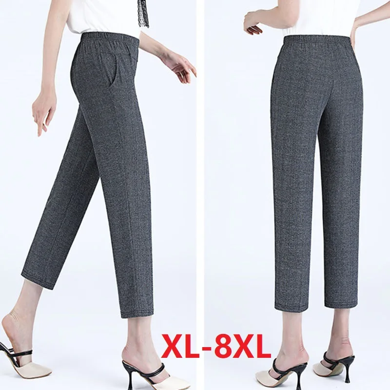 

5XL 6XL 7XL 8XL Women Summer Pants 2022 New Elastic High Waist Casual Thin Ice Silk Nine Pants Middle-aged Elderly Granny Pants