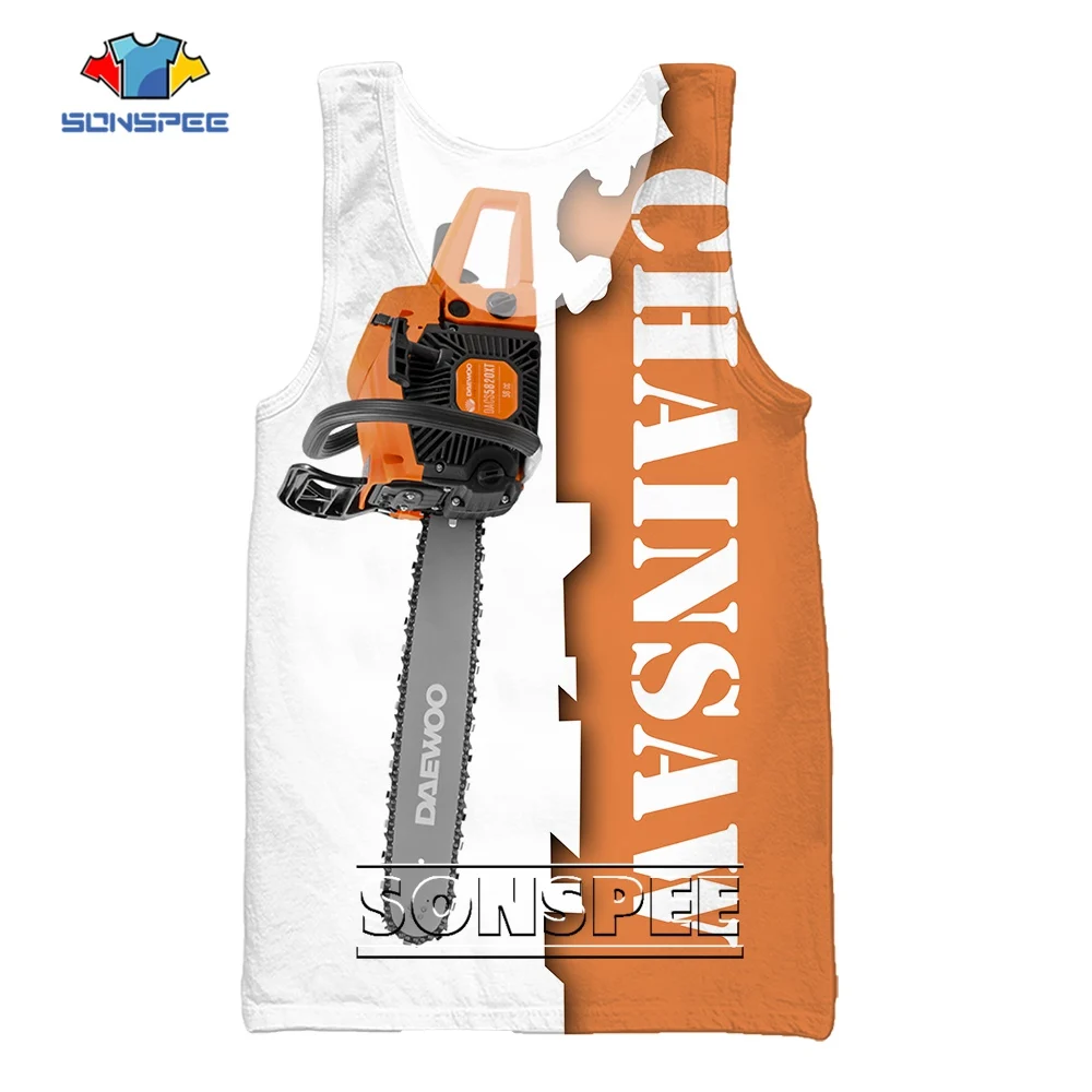 

SONSPEE Chainsaw Tool 3D Printing Summer Sleeveless Sawing Machine Bicolor Vest Lumbering Hip-hop Sports All-match Tank Top