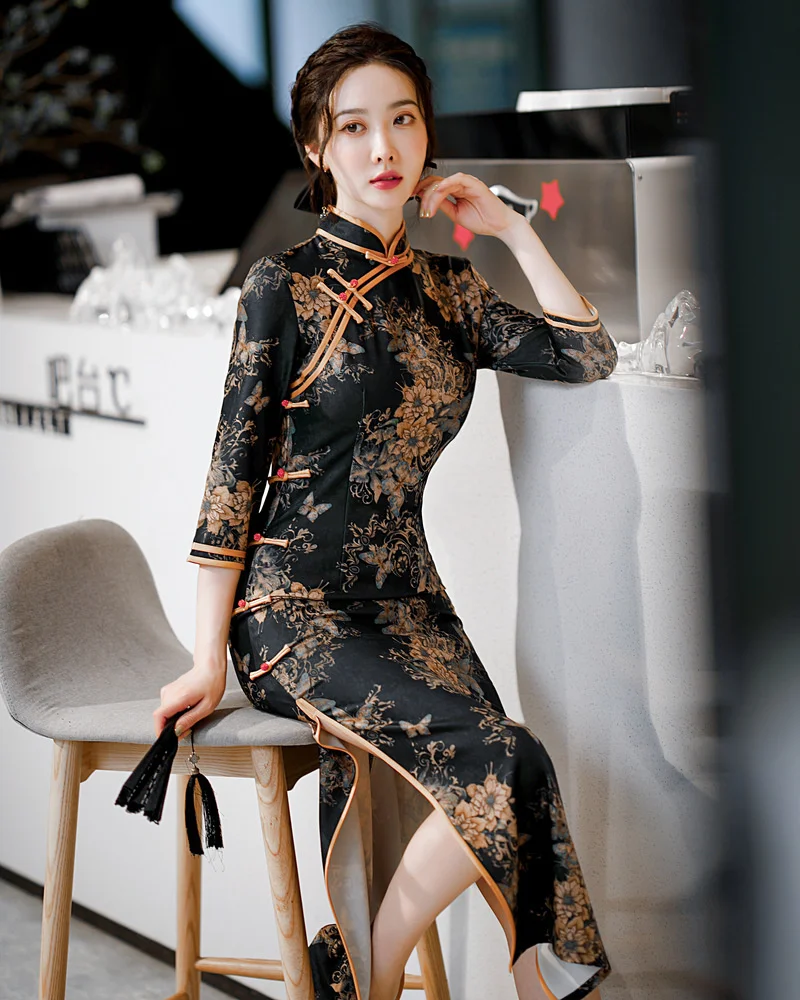 Sheng Coco Printed Long Sleeve Chinese Style Cheongsam Dresses Stand Collar Elegant Improved Qipao Plus Size 4XL