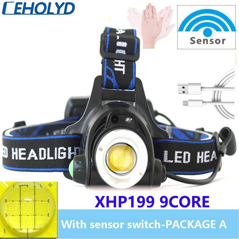 

XHP199 The Most Powerful LED T6 Headlamp Sensor Fishing Headlight 3 Modes Zoomable Waterproof Super Bright Camping Head Lamp