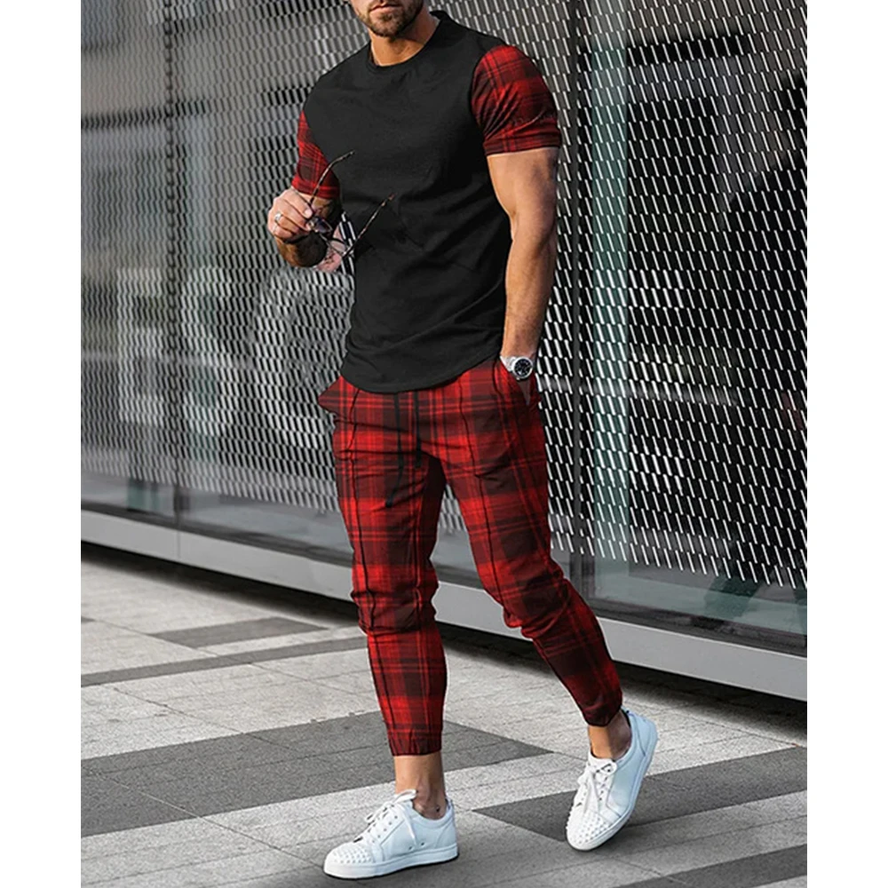 New Summer Men 2 Piece Sets Tracksuit Fashion Short Sleeve T Shirt Striped grid Style 3D Printed T Shirts Men Suit Clothing 2023