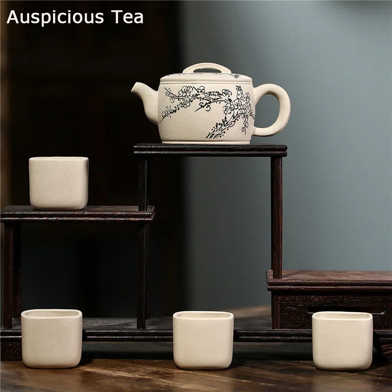 

150ml Yixing Raw Ore White Mud Hand Carved Plum Purple Clay Teapot Household Chinese Kung Fu Tea Set Customized Accessories Gift