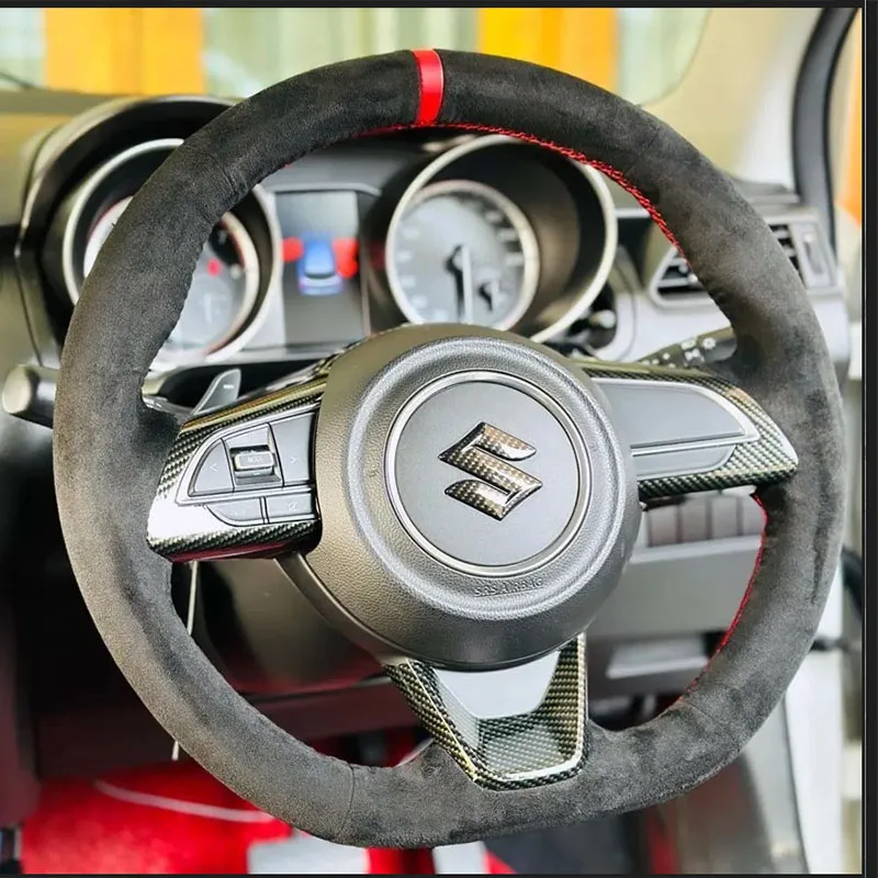 

Для Suzuki Sierra Swift Sport Teszt Baleno 2018-2024 прошитый вручную нескользящий черный карбоновый замшевый чехол на руль автомобиля