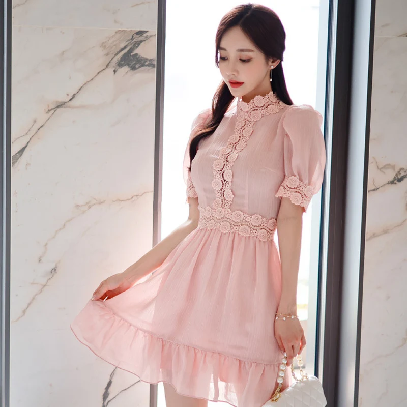 

Женское кружевное платье с оборками, повседневное однотонное платье с маленькой талией, в Корейском стиле, лето