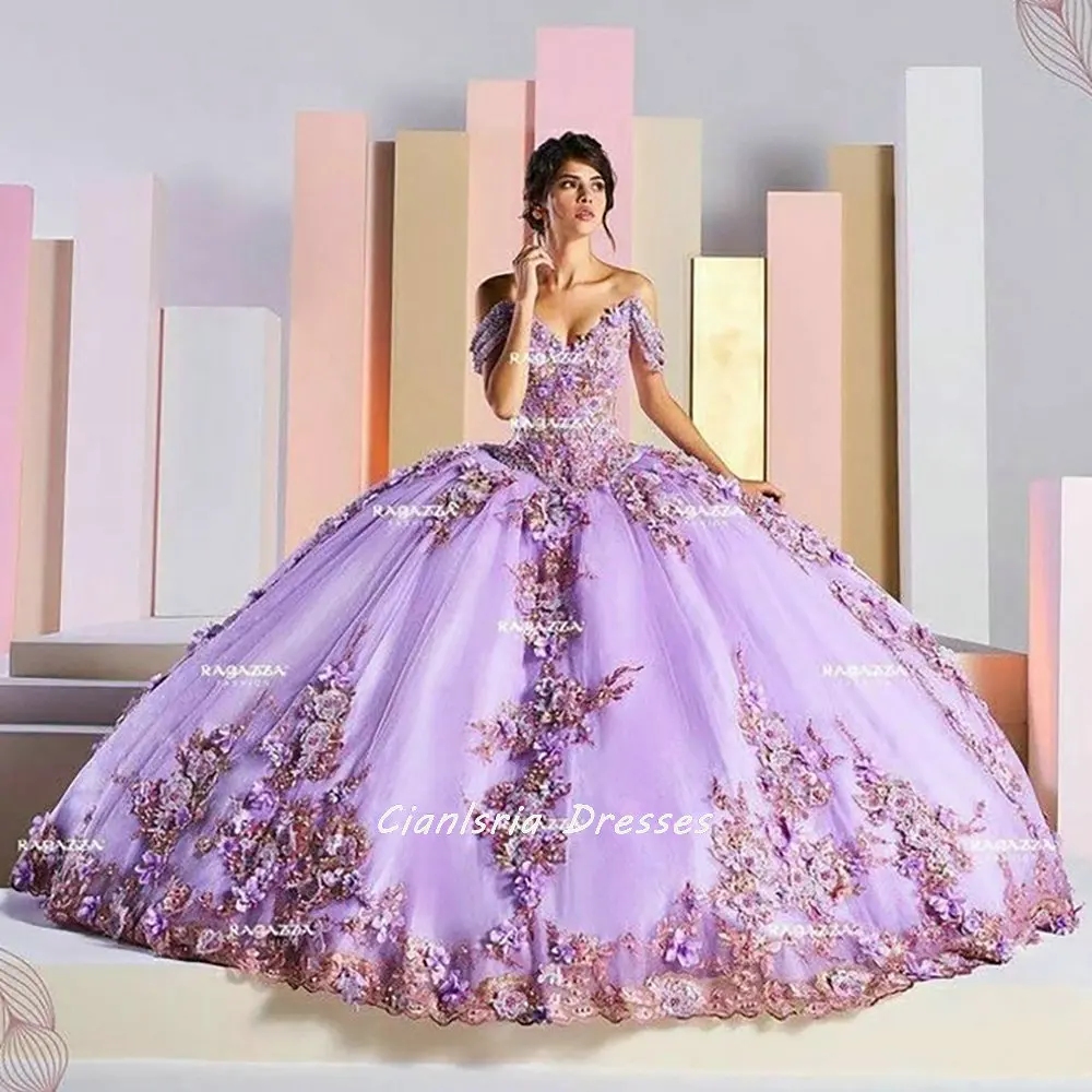 

Lavender Handmade Flowers Ball Gown Quinceanera Dress Off The Shoulder Floral Appliques Vestido De 15 Anos Sweet 16 Prom Party