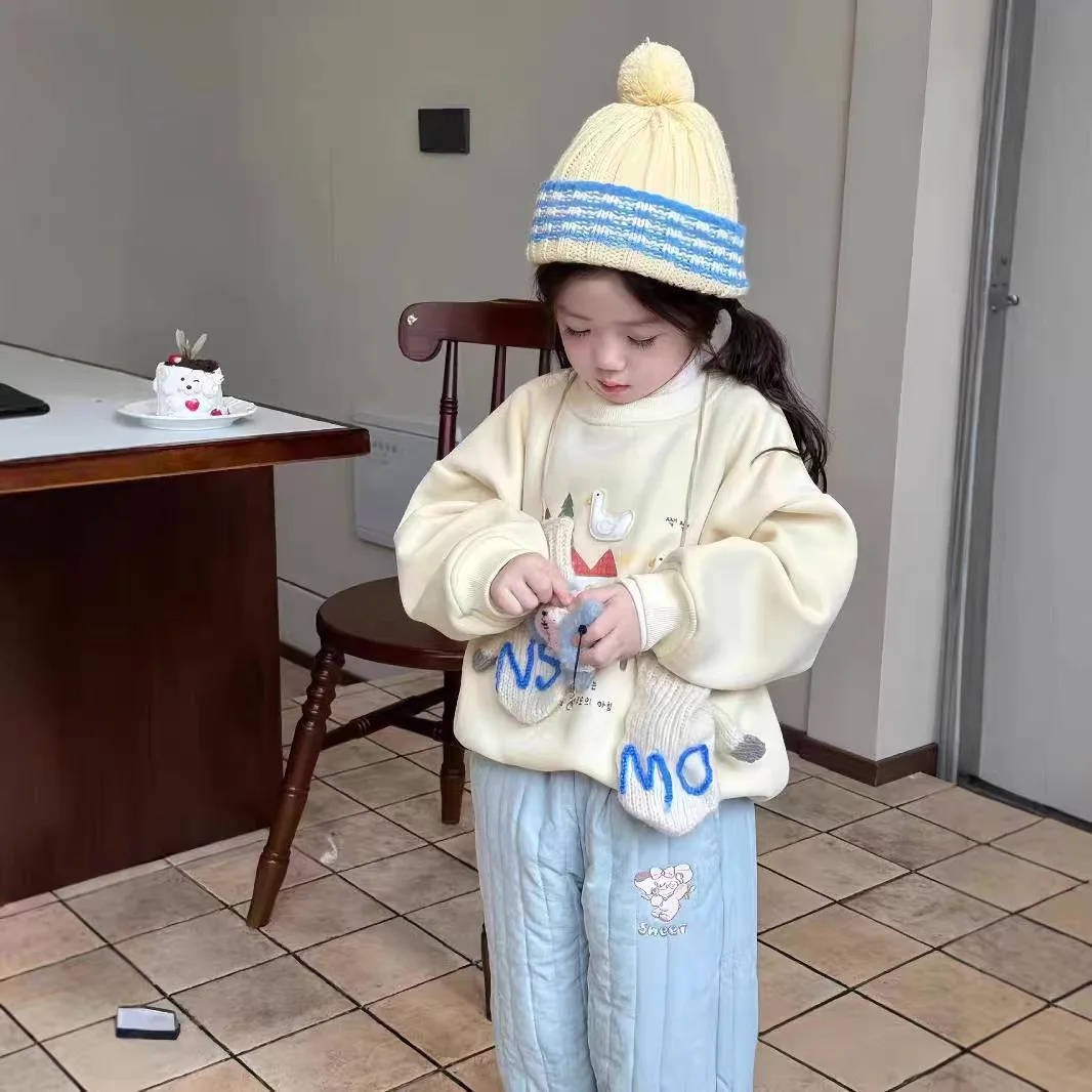 Костюмы для девочек новинка 2024 зимняя детская одежда Милая Толстовка с принтом и