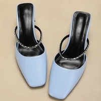 rhinestone straps thick heel womens slippers hollow pu leather solid color slides slip on fashion outdoor summer ladies shoes