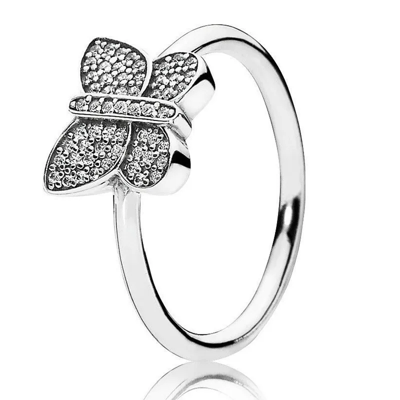 

Authentic 925 Sterling Silver Sparkling Butterfly With Crystal Ring For Women Wedding Party Europe Fashion Jewelry