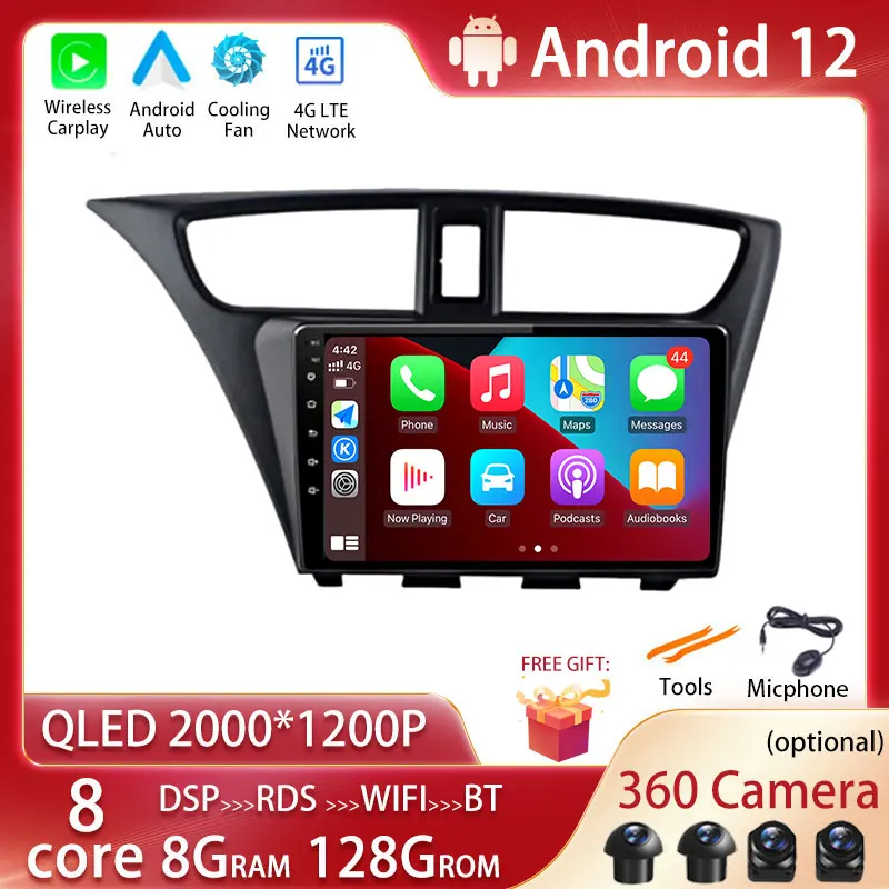 

Автомагнитола на Android 12 для Honda CIVIC Hatchback 2012-2017, мультимедийный видеоплеер с радио и GPS-навигацией, 2 Din, DVD