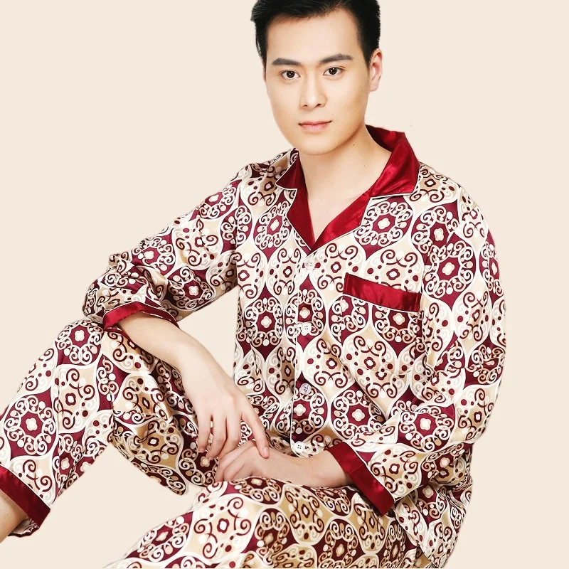 Men's Pajamas Set Summer Full Sleeve T-shirt Long Pants 2Piece/Set Sexy Stripe Print Rayon Pyjama Man Homewear Cozy PJS Big Size