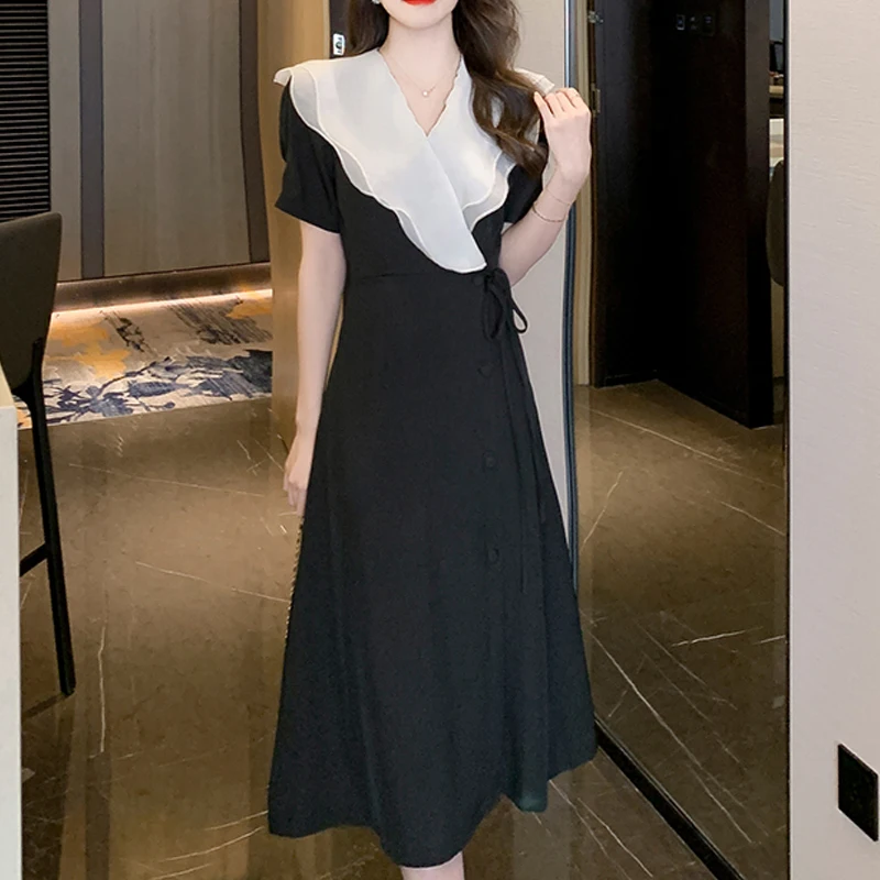 

Retro V-Neck Ruffles Beautiful Large Lapel Short-Sleeved Commuter Summer Women'S New Fashionable French Comfortable Dress