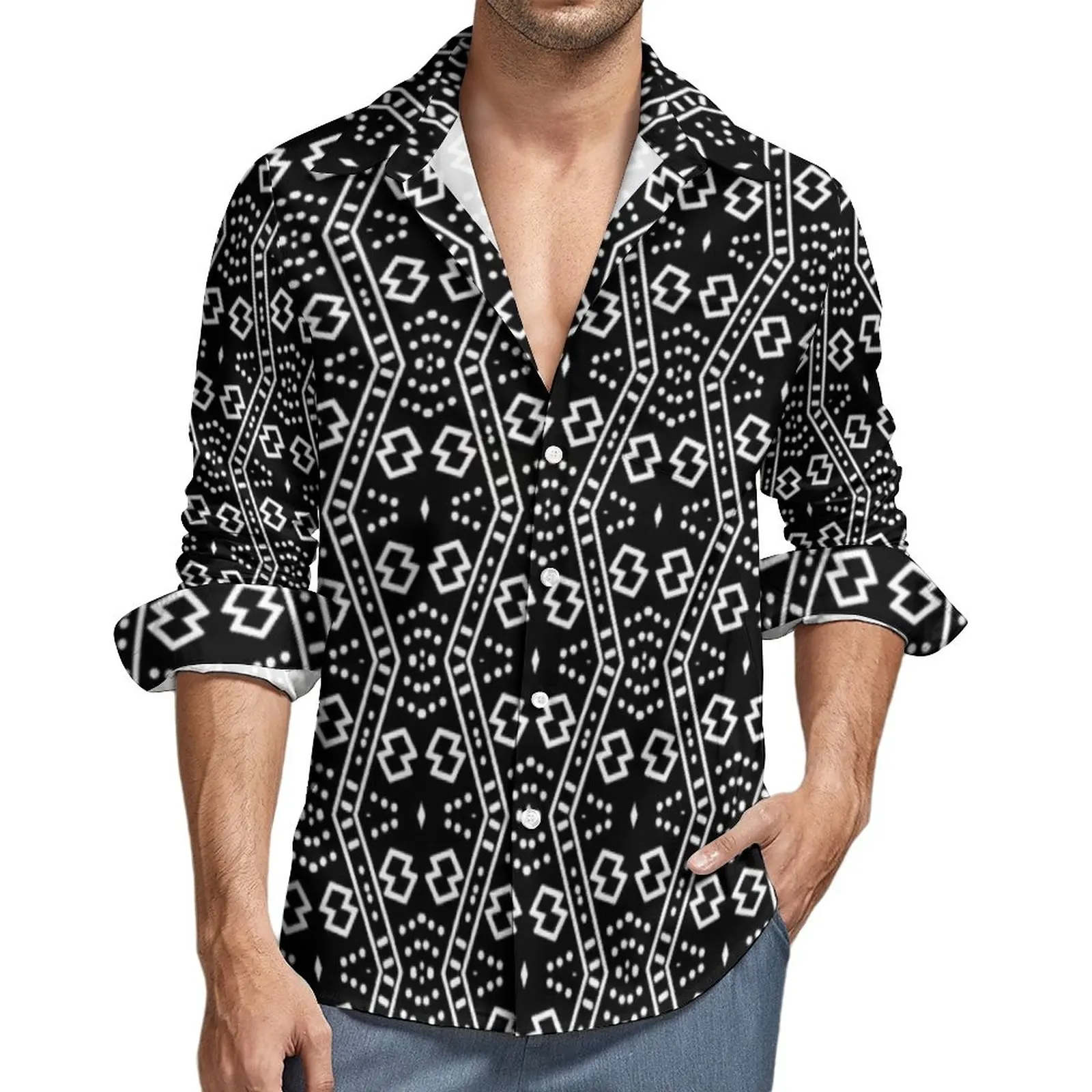 

Black African Retro Street Casual Shirt Men Geometry Print Shirt Autumn Fashion Blouses Long Sleeve Custom Oversize Clothes
