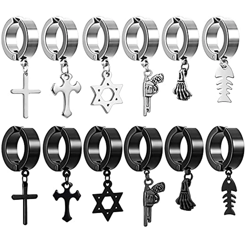 

12 Pieces Stainless Steel Non Pierced Earrings Non-Piercing Cross Dangle Hoop Earrings for Men Women Dangle Earrings