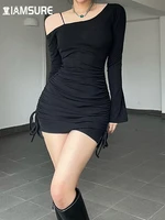 iamsure sexy drawstring bodycon dress basic slim solid diagonal collar long sleeve mini dressees for women 2022 autumn spring