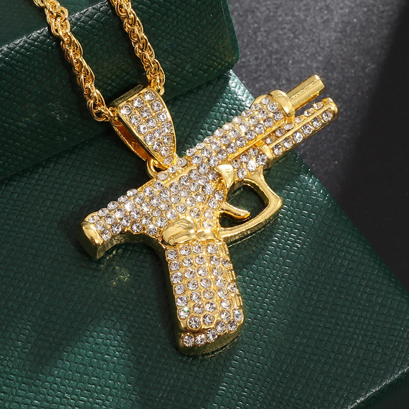 

New Creative Gold Color Pistol Inlaid Zircon Pendant Necklace Men Women Casual Street Hip Hop Rock Party Jewelry Accessories