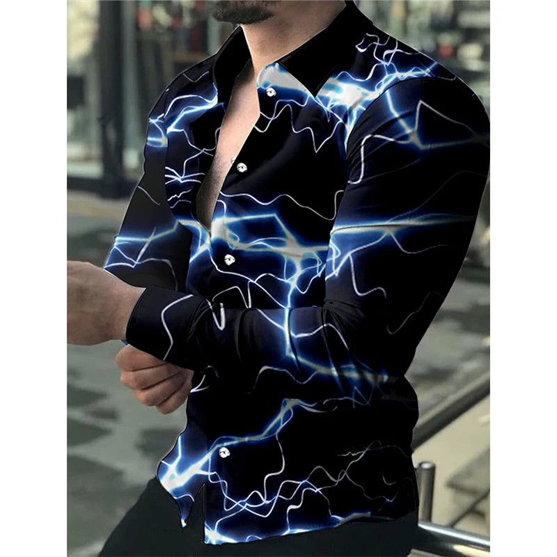 

2022 Men's Luxury Single Breasted Shirt Casual Long Sleeve Top Lightning 3D Print Hawaiian Prom Costume S-4XL